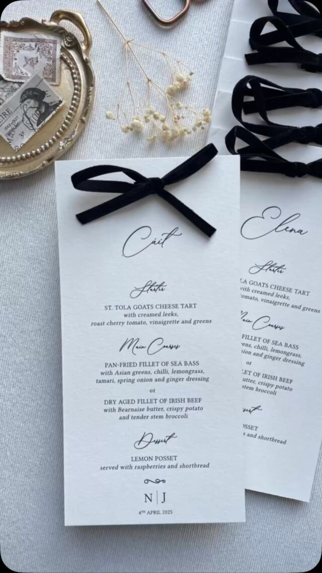 Niamh & Jack’s black velvet bow menus, personalised with each guests name for their beautiful wedding at  Powerscourt House
-
Venue @powerscourthotel 
Bride @niamhcrotty 
#weddingmenu #weddingtable #weddingtabledecor #weddingtablescape #bowmenu #weddingstationerydesign #weddinginvitations #weddinginvitationdesign #weddinginvites #weddingstationery #irishweddingvenue #irishbride #onefabday #irishwedding #powerscourt #powerscourthouse #powerscourtwedding #marriedinireland