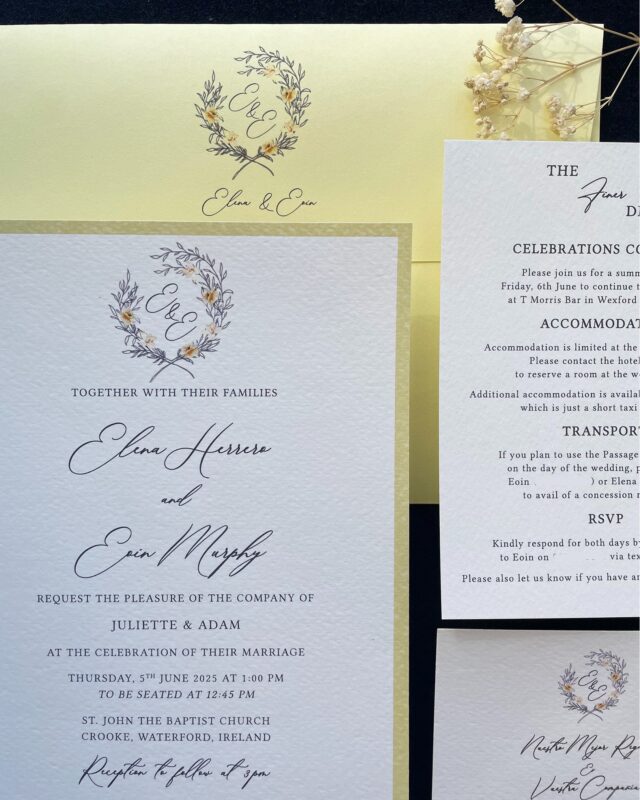 Congratulations y Felicidades to Elena and Eoin who got married today in Wexford
-
The joy and enrichment when families from different countries join together to celebrate the love of marriage
-
Beautiful summer colours for Elena and Eoin's wedding stationery, I can't wait to see the burst of colour from your wedding
-
Bride @elena_herrero92 
Groom: Eoin Murphy
Venue @ferrycarrighotel 

#irishweddingvenue #wexfordwedding #ferrycarrighotel #irishbride #summerbride #summerwedding #spanishwedding #springwedding #weddingstationerydesign #weddinginvitationdesign #marriedinireland #irishwedding #onefabdfay #floralweddinginvitations #weddinginvitationinspiration #irishsummerwedding #pastelweddinginvitations