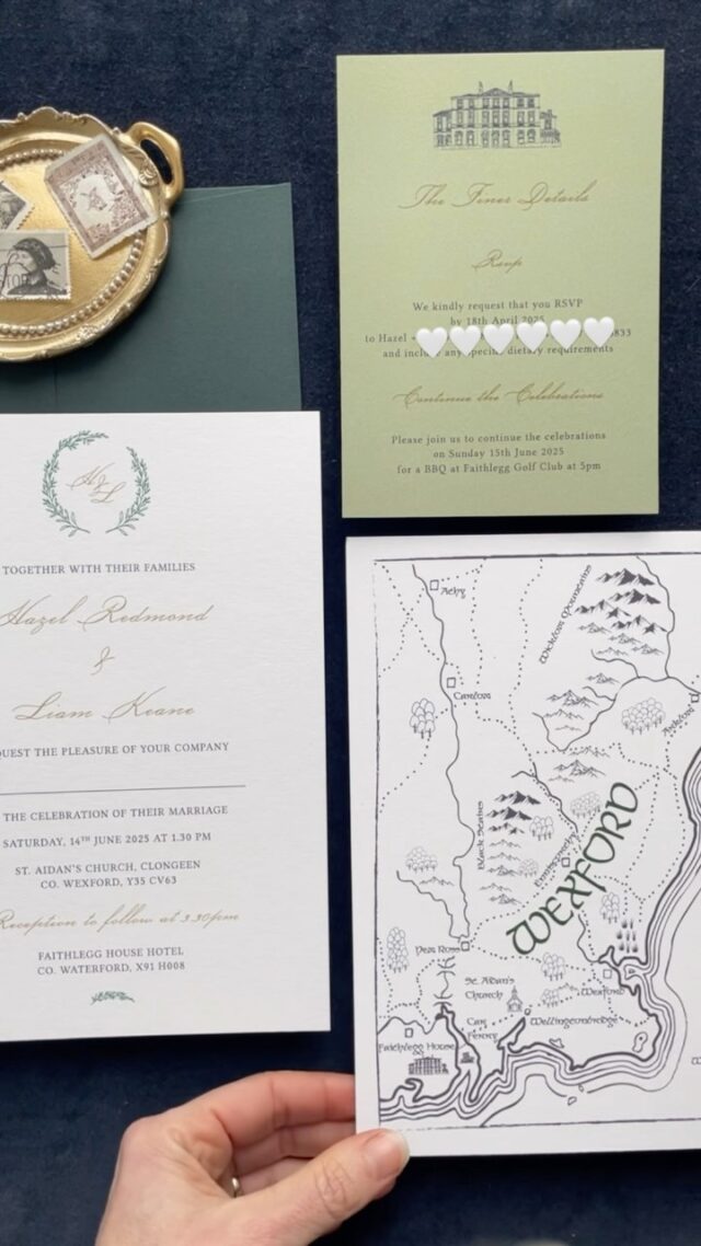 Congratulations to Hazel and Liam who got married today in the sunny south of Ireland
-
Their green and gold colour palette was perfect for their wedding invitations with a nod on the back to their love of Lord of the Rings
-
Bride @hazelredmond93 
Venue @faithlegghouse 
-
#weddingstationerydesign #irishweddingvenue #weddinginvitationdesign #weddingstationery #irishbride #weddinginvitationsuite #onefabday #irishwedding #faithlegghousehotel #lordoftheringswedding #lotrwedding #custommapinvitation